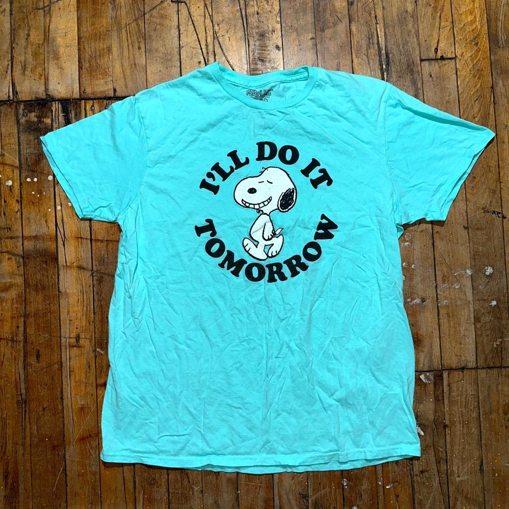 Peanuts T-Shirt Mens Large Turquoise I'll Do It Tomorrow Snoopy Graphic Print